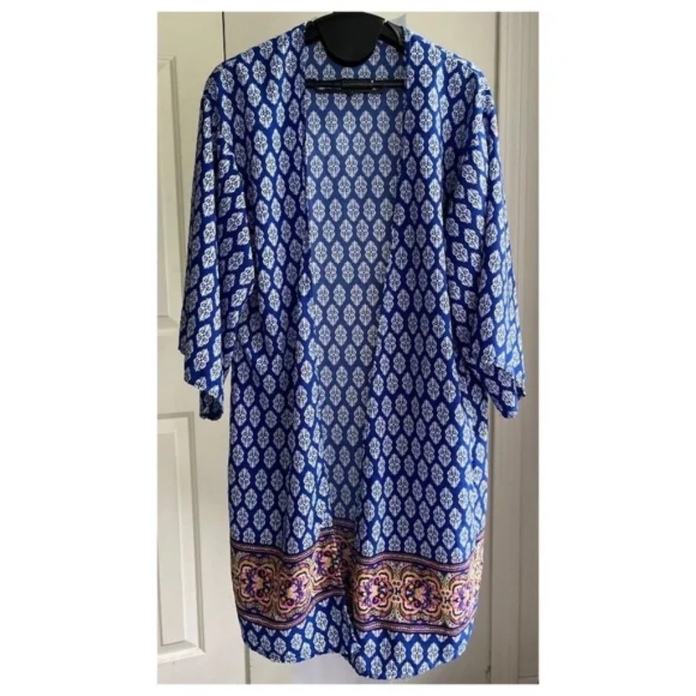 Swim Open Tunic Cover Up Kimono Myth‎ Boho Chic Blue Paisley Long, Size M